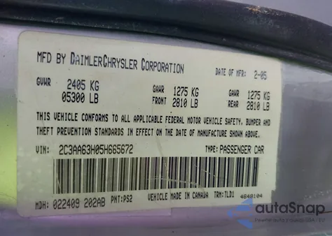 2005 Chrysler 300C z USA, uszkodzony, nr VIN 2C3AA63H05H665672